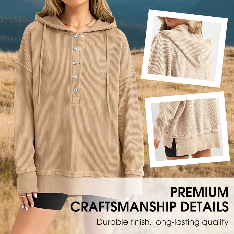 🎉 50 % RABATT UNDER BEGRÄNSAD TID! 🧥 Långärmad hoodie för dam – V-ringning med knappdetaljer, avslappnad passform och sidoslitsar – elegant utan ansträngning 🌸✨