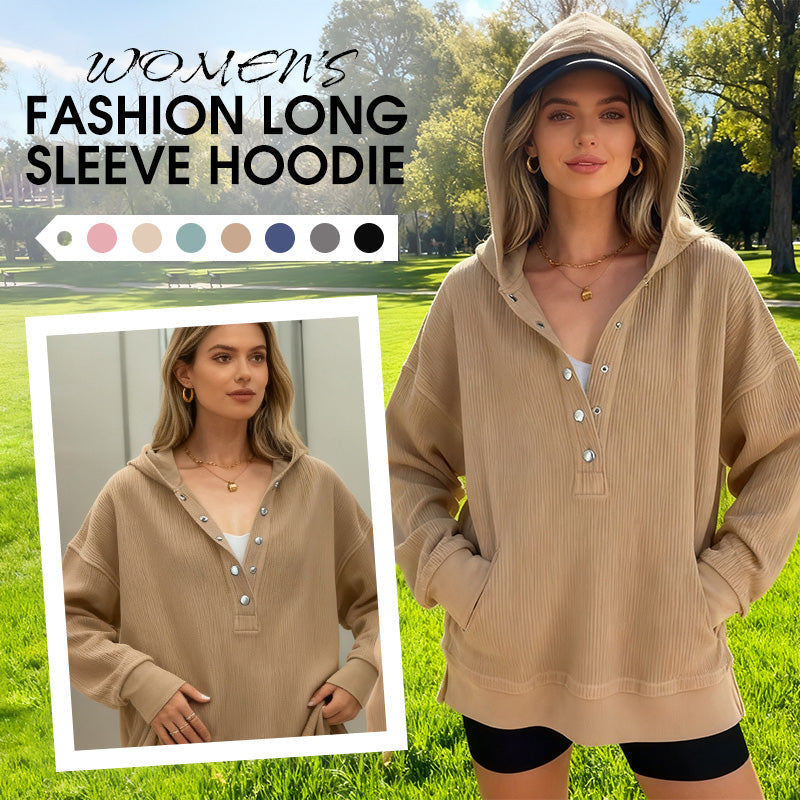 🎉 50 % RABATT UNDER BEGRÄNSAD TID! 🧥 Långärmad hoodie för dam – V-ringning med knappdetaljer, avslappnad passform och sidoslitsar – elegant utan ansträngning 🌸✨