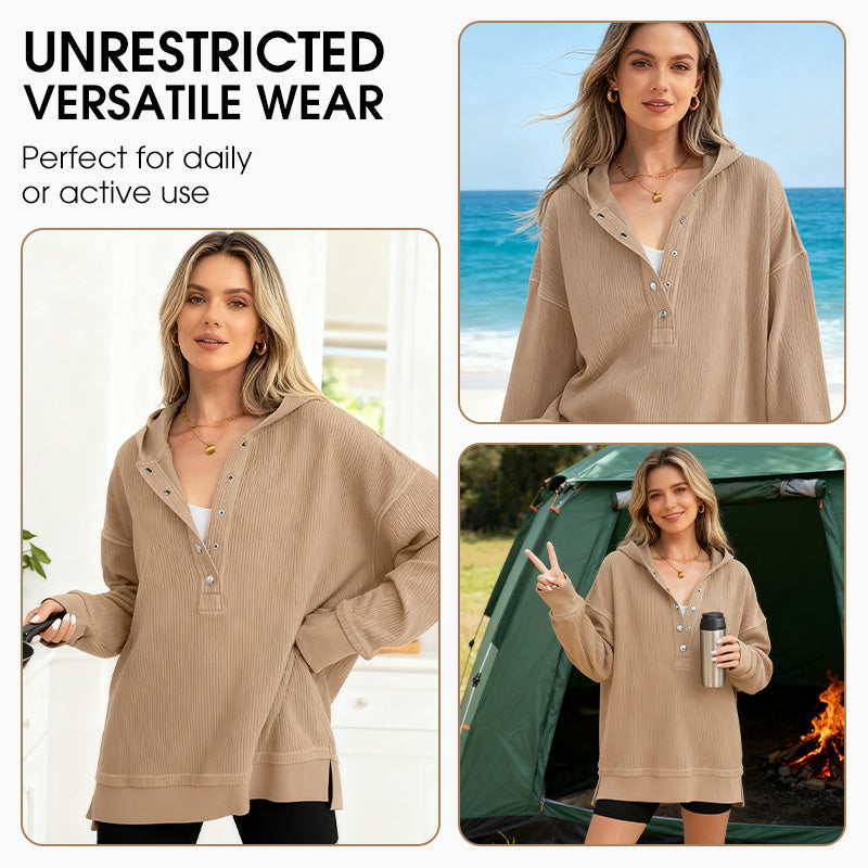 🎉 50 % RABATT UNDER BEGRÄNSAD TID! 🧥 Långärmad hoodie för dam – V-ringning med knappdetaljer, avslappnad passform och sidoslitsar – elegant utan ansträngning 🌸✨