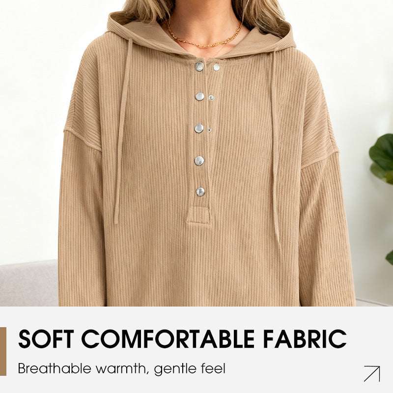 🎉 50 % RABATT UNDER BEGRÄNSAD TID! 🧥 Långärmad hoodie för dam – V-ringning med knappdetaljer, avslappnad passform och sidoslitsar – elegant utan ansträngning 🌸✨