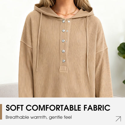 🎉 50 % RABATT UNDER BEGRÄNSAD TID! 🧥 Långärmad hoodie för dam – V-ringning med knappdetaljer, avslappnad passform och sidoslitsar – elegant utan ansträngning 🌸✨