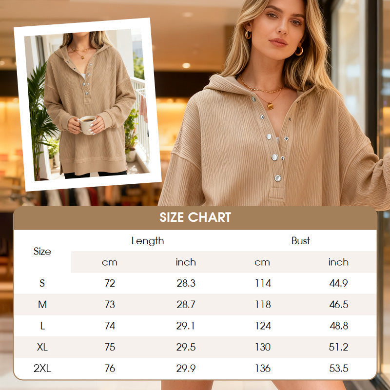 🎉 50 % RABATT UNDER BEGRÄNSAD TID! 🧥 Långärmad hoodie för dam – V-ringning med knappdetaljer, avslappnad passform och sidoslitsar – elegant utan ansträngning 🌸✨