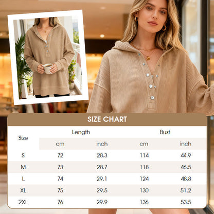 🎉 50 % RABATT UNDER BEGRÄNSAD TID! 🧥 Långärmad hoodie för dam – V-ringning med knappdetaljer, avslappnad passform och sidoslitsar – elegant utan ansträngning 🌸✨