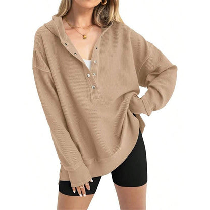 🎉 50 % RABATT UNDER BEGRÄNSAD TID! 🧥 Långärmad hoodie för dam – V-ringning med knappdetaljer, avslappnad passform och sidoslitsar – elegant utan ansträngning 🌸✨