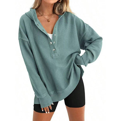 🎉 50 % RABATT UNDER BEGRÄNSAD TID! 🧥 Långärmad hoodie för dam – V-ringning med knappdetaljer, avslappnad passform och sidoslitsar – elegant utan ansträngning 🌸✨
