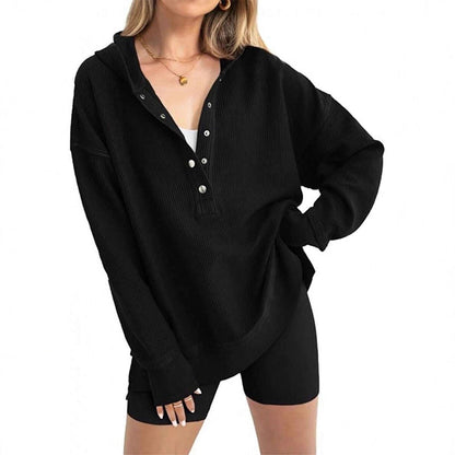 🎉 50 % RABATT UNDER BEGRÄNSAD TID! 🧥 Långärmad hoodie för dam – V-ringning med knappdetaljer, avslappnad passform och sidoslitsar – elegant utan ansträngning 🌸✨