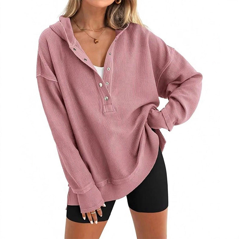 🎉 50 % RABATT UNDER BEGRÄNSAD TID! 🧥 Långärmad hoodie för dam – V-ringning med knappdetaljer, avslappnad passform och sidoslitsar – elegant utan ansträngning 🌸✨