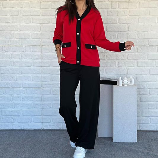 👚👖Fransk stil med färgblockerad stickad kofta och vida byxor