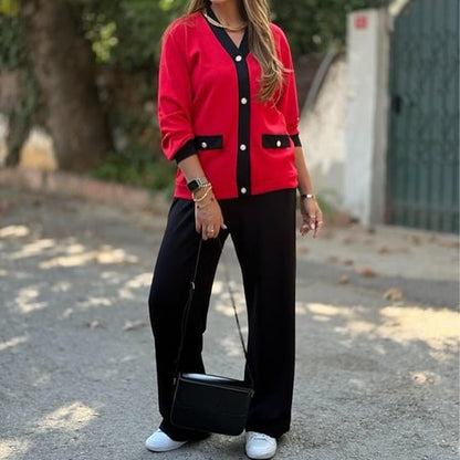 👚👖Fransk stil med färgblockerad stickad kofta och vida byxor