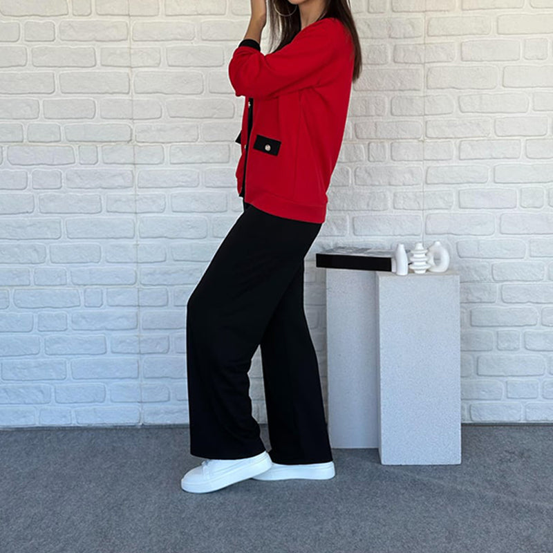 👚👖Fransk stil med färgblockerad stickad kofta och vida byxor