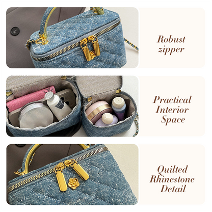 Quiltad crossbody-väska i denim med strass för kvinnor
