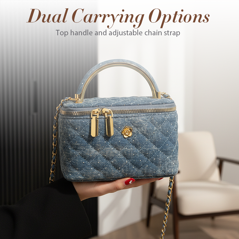 Quiltad crossbody-väska i denim med strass för kvinnor