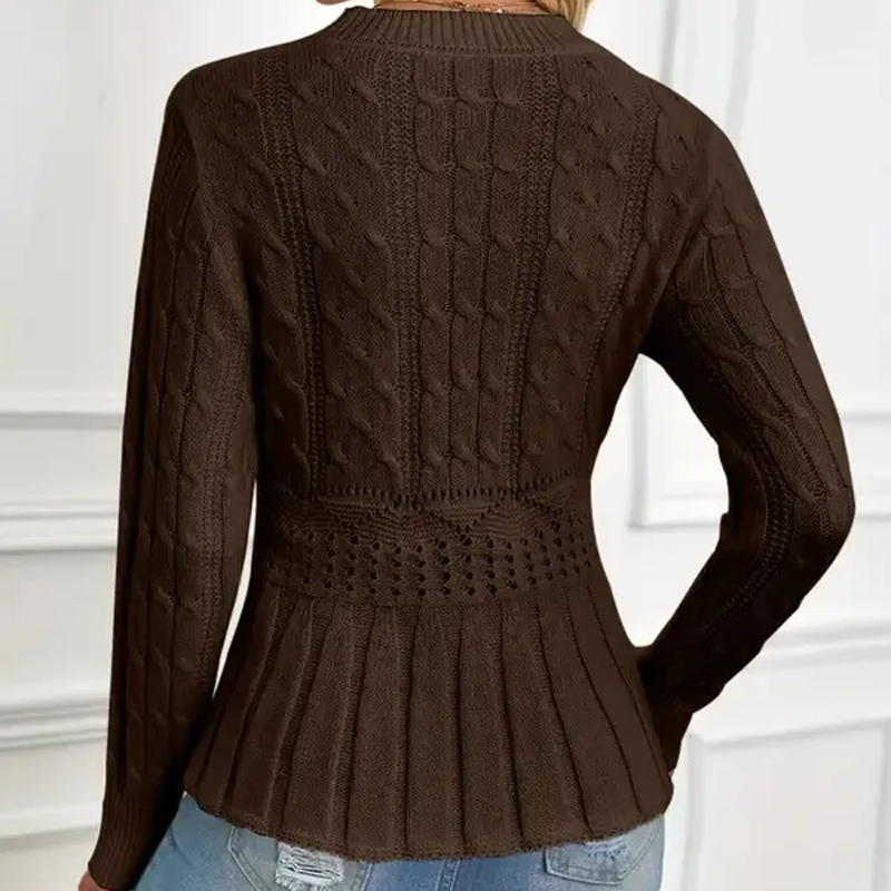 Kvinnors grovstickad tröja med rund hals och peplum