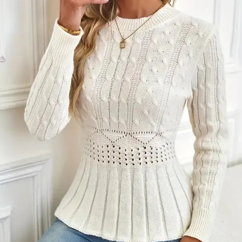 Kvinnors grovstickad tröja med rund hals och peplum