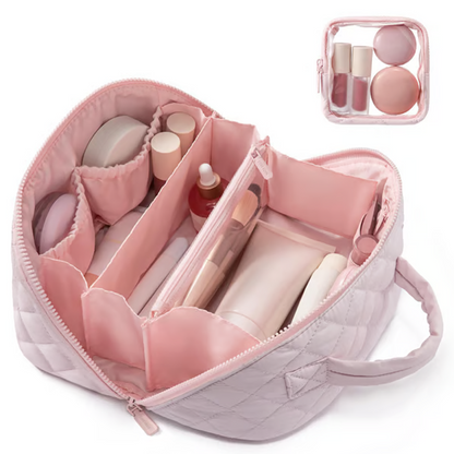 🔥 50 % RABATT! ✨ Sminkväskan med stor kapacitet – avtagbar ficka, elegant quiltat design, perfekt för resor 💄🧳