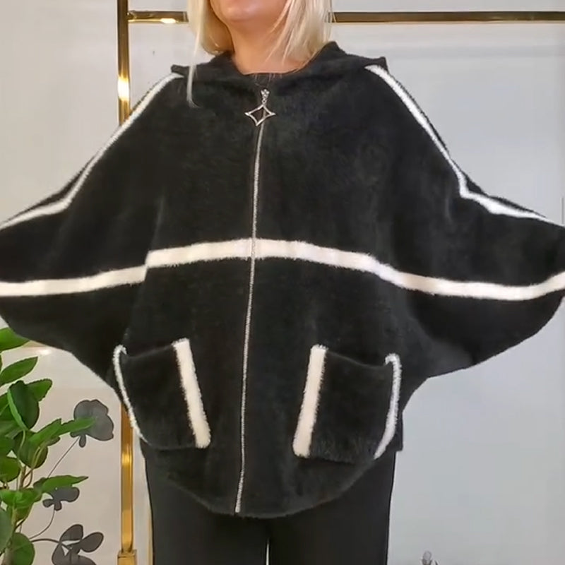 Mjuk och varm jacka med huva och randiga detaljer för damer
