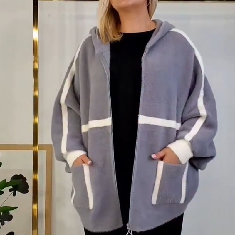 Mjuk och varm jacka med huva och randiga detaljer för damer