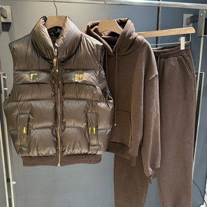 3-delat set med dunväst, huvtröja och joggingbyxor för damer