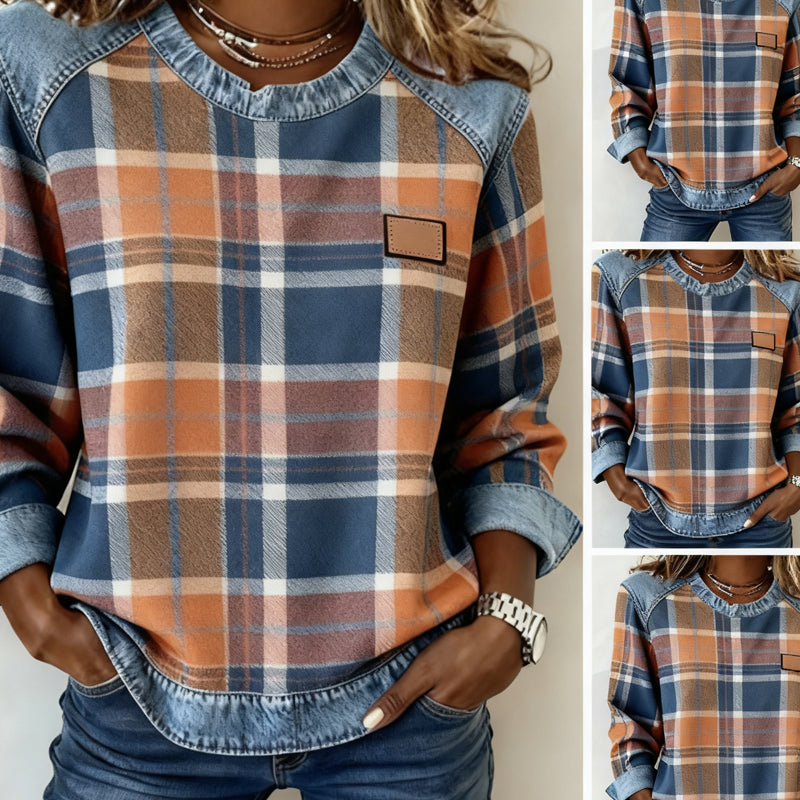 🔥Långärmade toppar i denim med lappteknik och rutmönster för damer