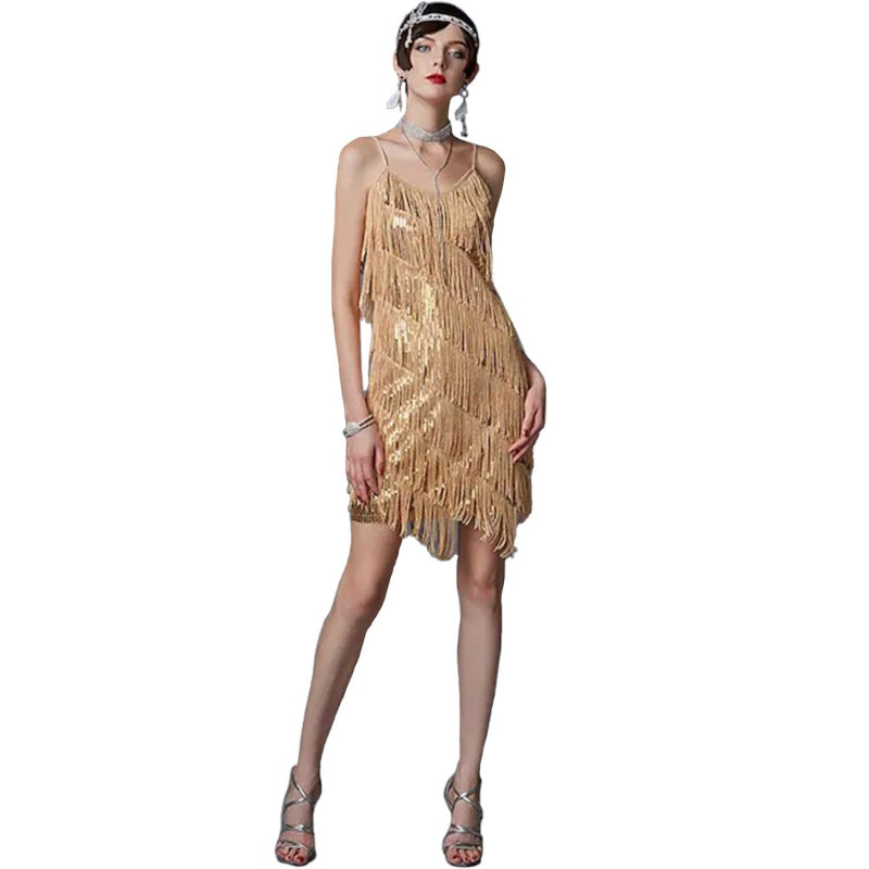 Kvinnor Hängslen Patchwork Tassel Elegant Temperament Kvällsfest Stil Klänning