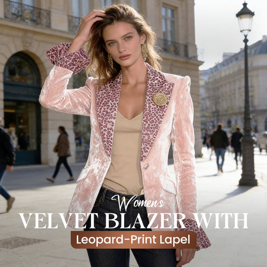 Damkavaj i sammet med leopardmönstrad revers