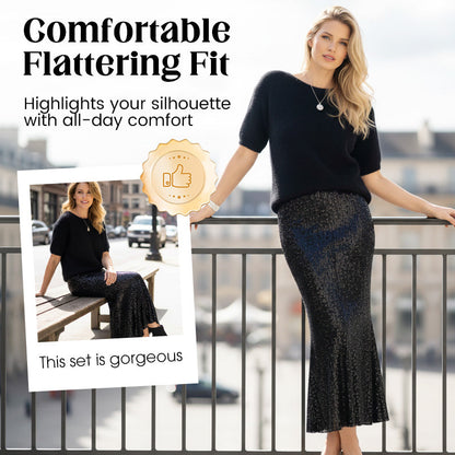 2-delat set med stickad topp och paljettkjol för damer