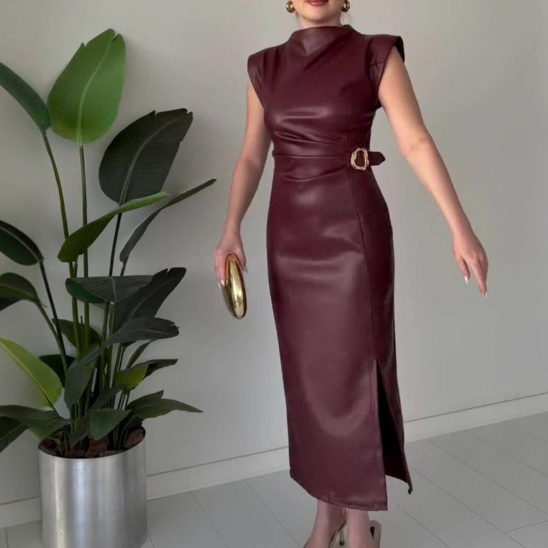 ⏳50 % RABATT NU! 👗💕Damklänning i rufsat konstläder, midilång🔥