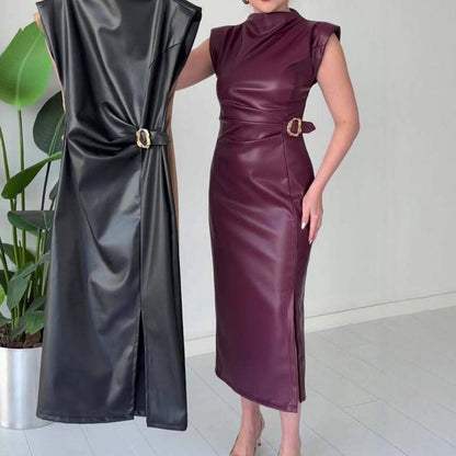 ⏳50 % RABATT NU! 👗💕Damklänning i rufsat konstläder, midilång🔥