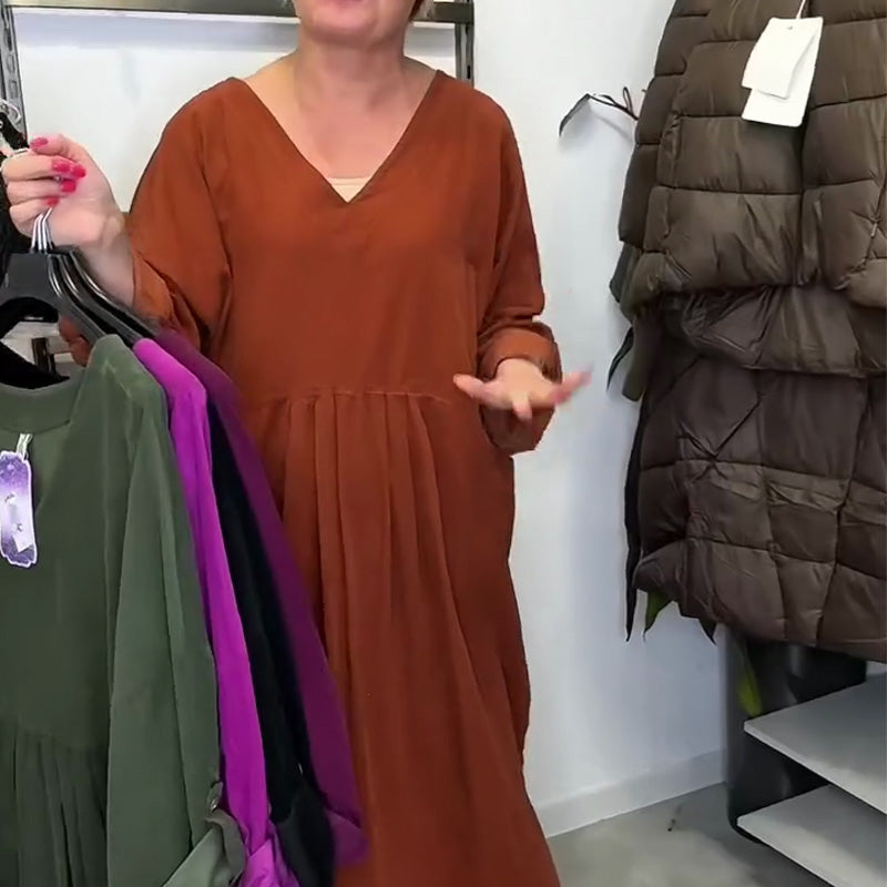 Casual lös V-ringad plisserad tunika-klänning
