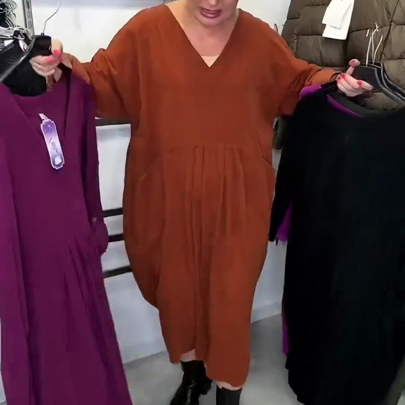 Casual lös V-ringad plisserad tunika-klänning
