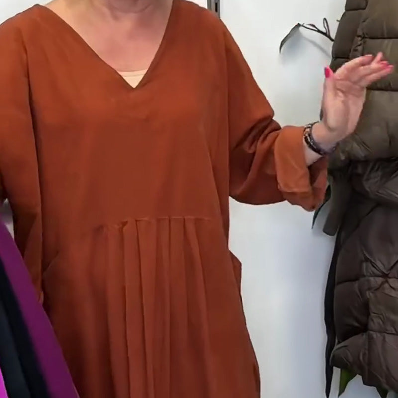Casual lös V-ringad plisserad tunika-klänning
