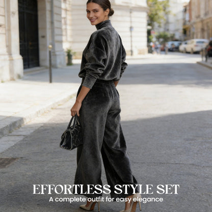 2-delat set med varmt topp och vida byxor för kvinnor