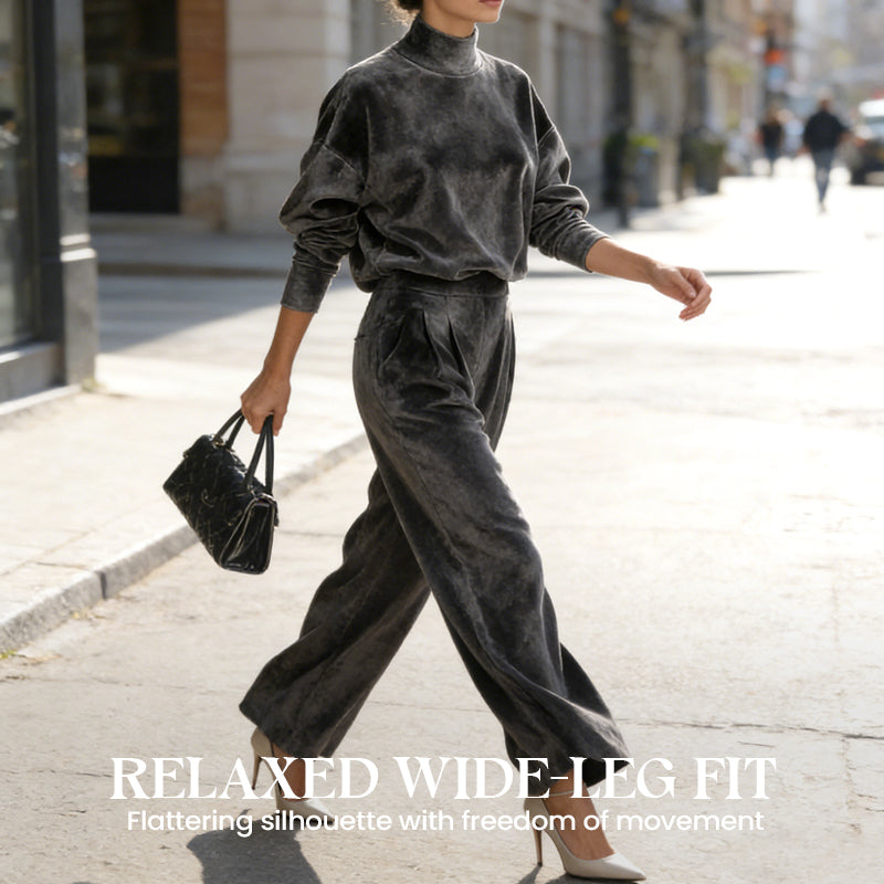2-delat set med varmt topp och vida byxor för kvinnor
