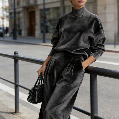 2-delat set med varmt topp och vida byxor för kvinnor