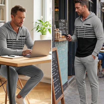 🔥Tvådelat set med huvtröja och byxor för herr, med snygg färgblockdesign och bekväm huvtröja👖