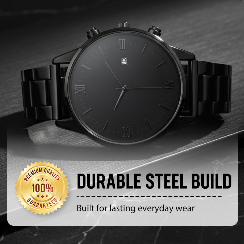 🎉💰 50 % rabatt ⚡ Minimalistisk herrklocka med datumvisning – Helt i svart rostfritt stål, romerska siffror på urtavlan och urmakarprecision! ⌚🖤