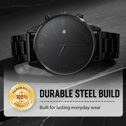 🎉💰 50 % rabatt ⚡ Minimalistisk herrklocka med datumvisning – Helt i svart rostfritt stål, romerska siffror på urtavlan och urmakarprecision! ⌚🖤