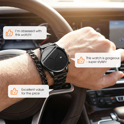 🎉💰 50 % rabatt ⚡ Minimalistisk herrklocka med datumvisning – Helt i svart rostfritt stål, romerska siffror på urtavlan och urmakarprecision! ⌚🖤