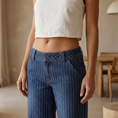 Lågt skurna Y2K-randiga jeans för damer