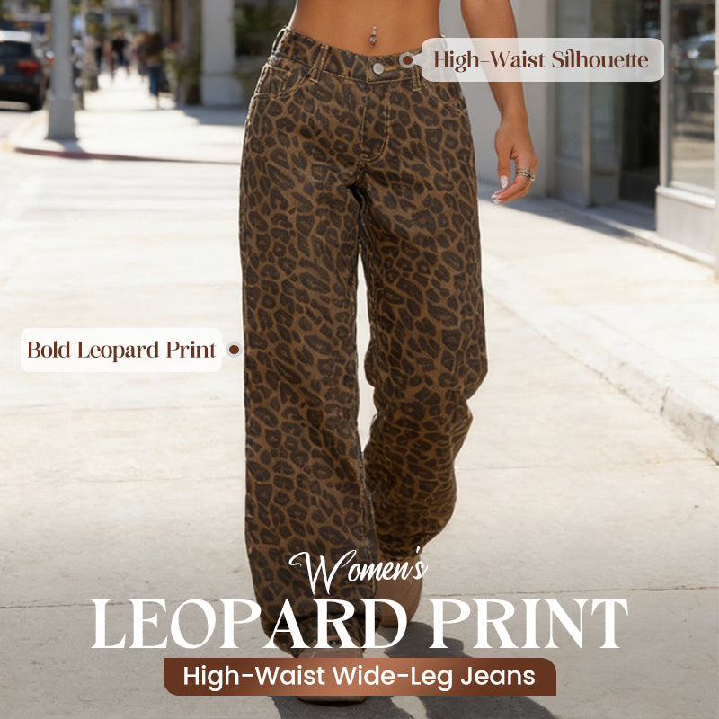 🐆 50 % RABATT NU! Dammjeans med hög midja och vida ben – i ett djärvt leopardmönster, avslappnad passform och klassisk 5-fickdesign 👖✨