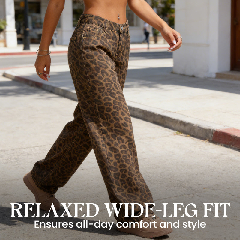 🐆 50 % RABATT NU! Dammjeans med hög midja och vida ben – i ett djärvt leopardmönster, avslappnad passform och klassisk 5-fickdesign 👖✨