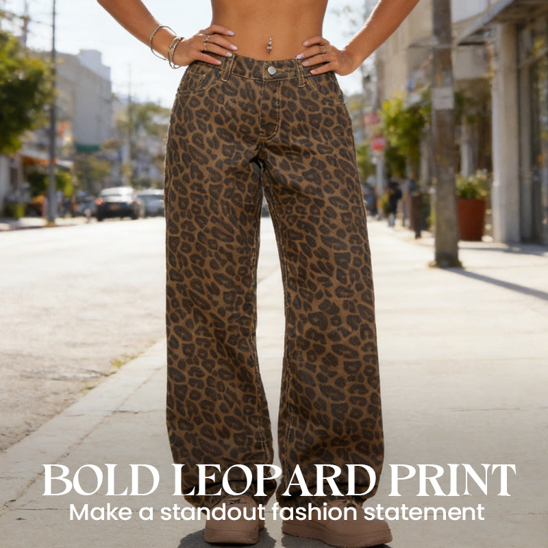 🐆 50 % RABATT NU! Dammjeans med hög midja och vida ben – i ett djärvt leopardmönster, avslappnad passform och klassisk 5-fickdesign 👖✨