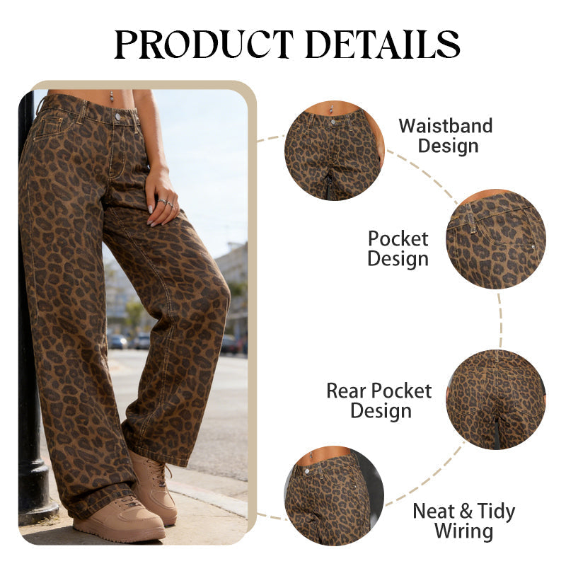 🐆 50 % RABATT NU! Dammjeans med hög midja och vida ben – i ett djärvt leopardmönster, avslappnad passform och klassisk 5-fickdesign 👖✨
