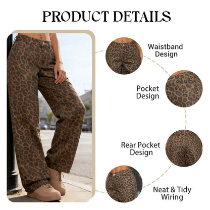 🐆 50 % RABATT NU! Dammjeans med hög midja och vida ben – i ett djärvt leopardmönster, avslappnad passform och klassisk 5-fickdesign 👖✨