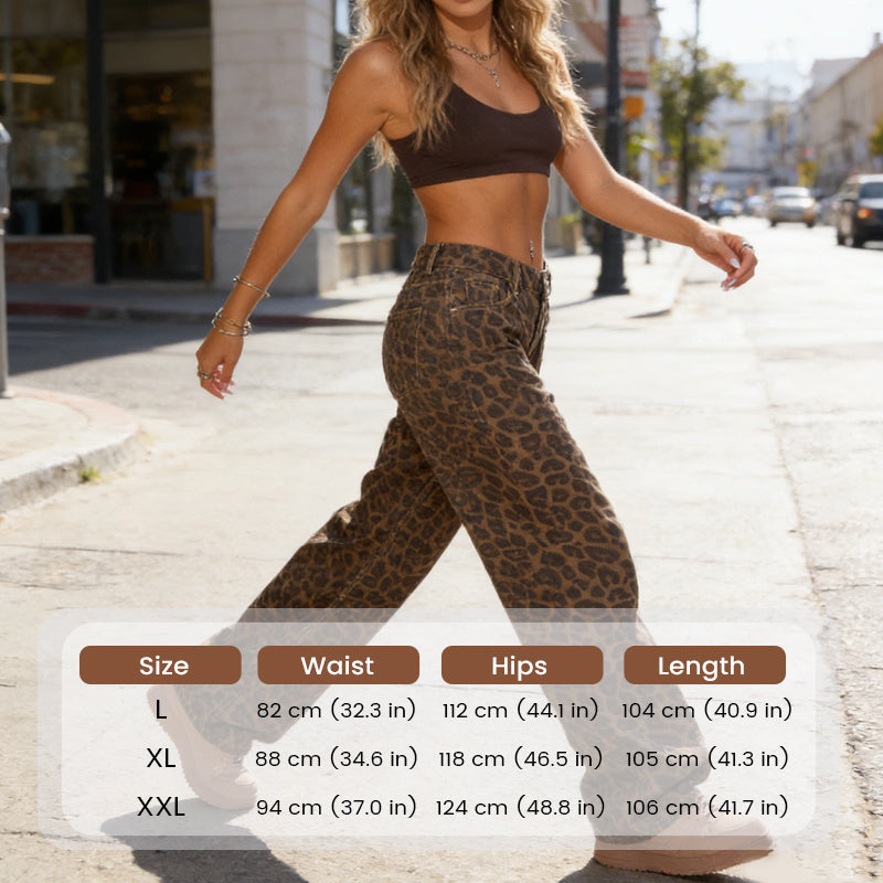 🐆 50 % RABATT NU! Dammjeans med hög midja och vida ben – i ett djärvt leopardmönster, avslappnad passform och klassisk 5-fickdesign 👖✨