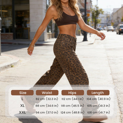 🐆 50 % RABATT NU! Dammjeans med hög midja och vida ben – i ett djärvt leopardmönster, avslappnad passform och klassisk 5-fickdesign 👖✨