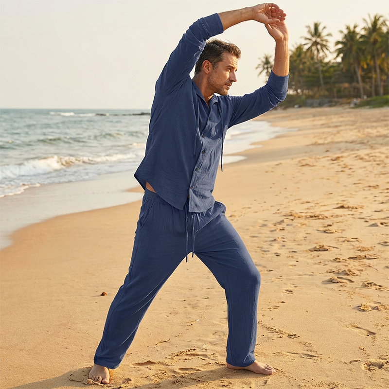 2-delat set med linne-tröja med huva och byxor för herr