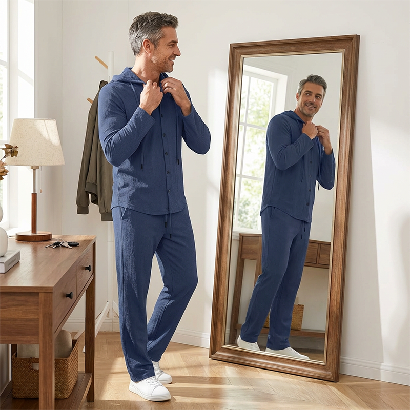 2-delat set med linne-tröja med huva och byxor för herr