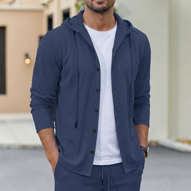 2-delat set med linne-tröja med huva och byxor för herr