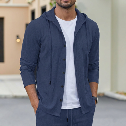 2-delat set med linne-tröja med huva och byxor för herr